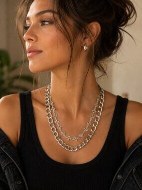 Silver-Tone Layered Chain Necklace – Chunky & Cross-Link Statement Piece
